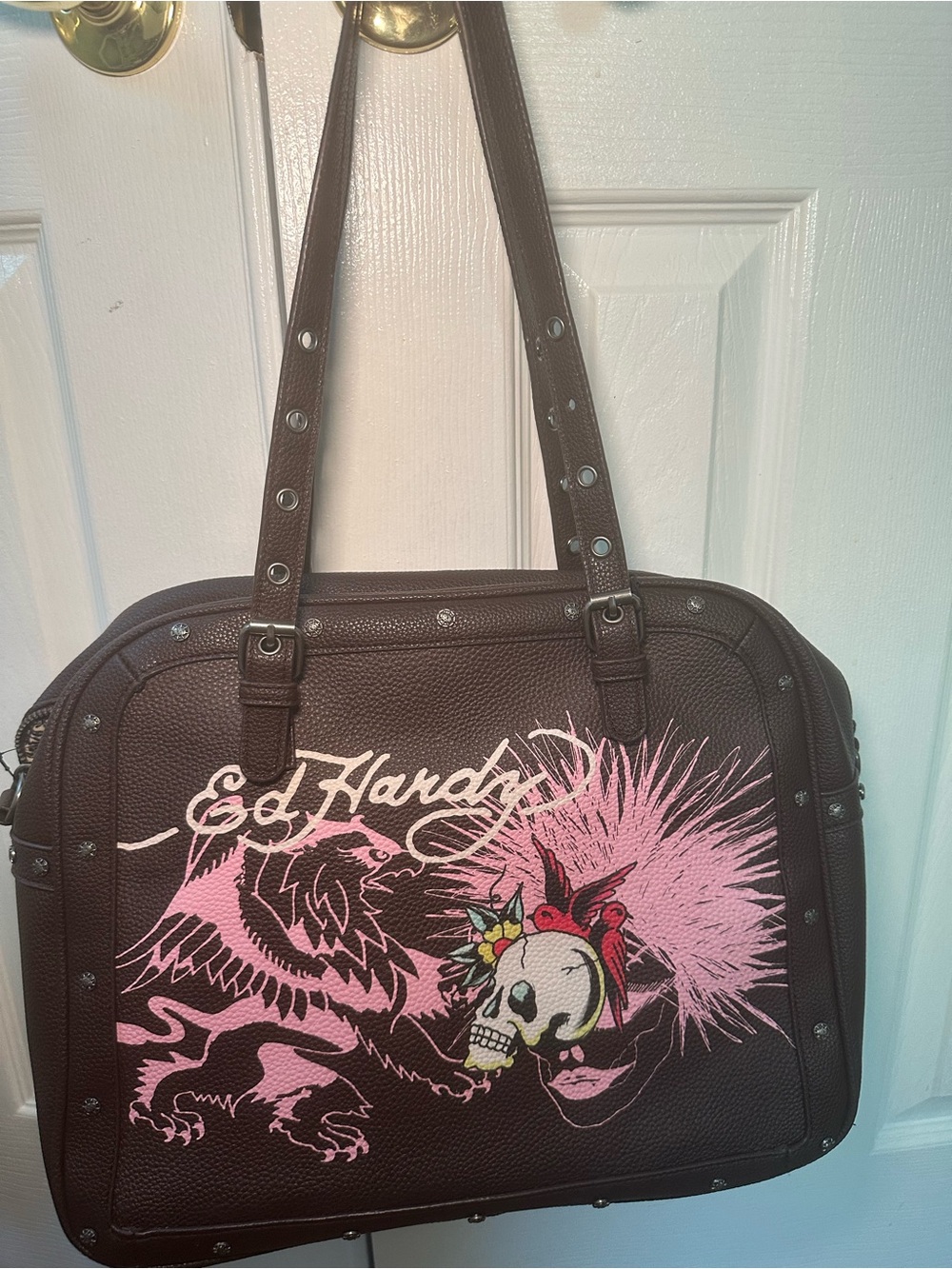 Ed Hardy Brown Shoulder Bag with Pink Graphic Skull